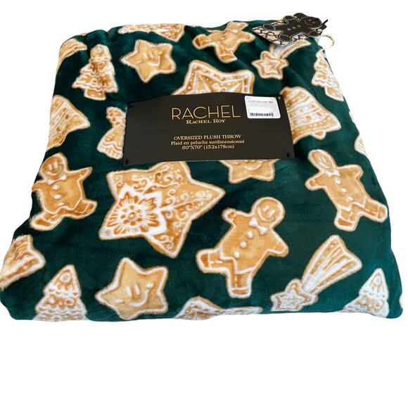 Rachel Roy Christmas Green Gingerbread Cookie Plush Oversized Throw Blanket New - Picture 4 of 15